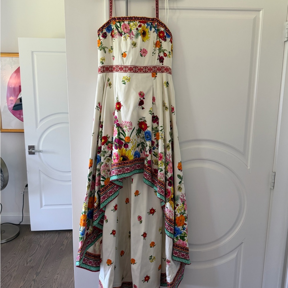 Alice + Olivia Floral Border Cream Circle Dress with Multicolor Trim